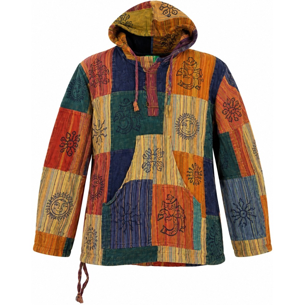 Patchwork Hoodie Boho Hippie Festival Indie Block Print Artsy Cotton Nepal M